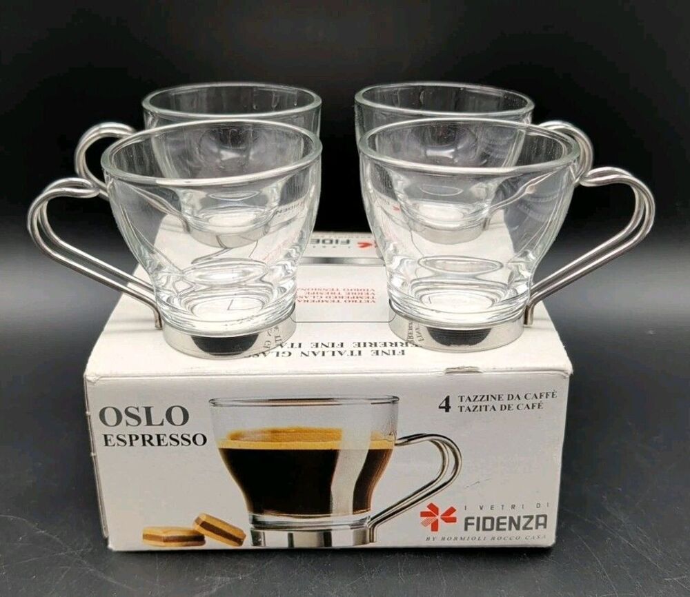 4 Vintage Bormioli Rocco Espresso Cups Verdi Oslo Glass Metal Retro Original Box
